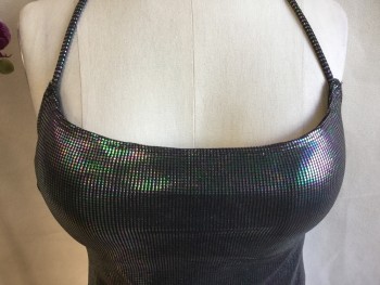 Womens, Top, N/L, Black, Iridescent Gray, Iridescent Green, Iridescent Pink, Polyester, Spandex, Geometric, S, Black with Tiny Square Iridescent Dark Gray/green/pink, Strapless Black Bra Inside, Square Neck Halter, 2 Thin Strips Cut-out Back, Cropped Top