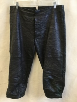 FOX 1551, Black, Leather, Solid, (Historical/Fantasy)  Black Aged/wrinkle Leather Breeches,  Black Lining, Flat Front, Black Button Front, Cut-out Triangle Center Waistband Back with Large Short Belt with Black Lacing, Green Stained/aged on 3 Buttons Side Cuffs Hem