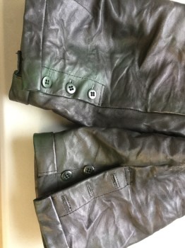 FOX 1551, Black, Leather, Solid, (Historical/Fantasy)  Black Aged/wrinkle Leather Breeches,  Black Lining, Flat Front, Black Button Front, Cut-out Triangle Center Waistband Back with Large Short Belt with Black Lacing, Green Stained/aged on 3 Buttons Side Cuffs Hem