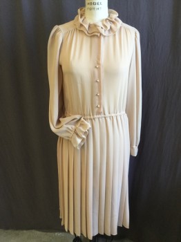 FOX 972, Peach Orange, Polyester, Solid, Sheer Peachy-brown, Round Neck with Self 2 Layers Ruffle, Gathered at Shoulder, Light Orange Pearl Button Front, Long Sleeves with Ruffle Trim, Thin Elastic Waist, Accordion Pleat Skirt, MISSING BELT (light Gray Stained in the Back--above Waistline)