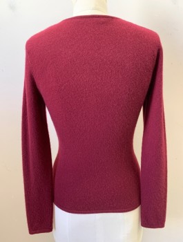 NEIMAN MARCUS, Red Burgundy, Cashmere, Solid, Knit, V-neck, Ruched at Bust, Long Sleeves, Fitted