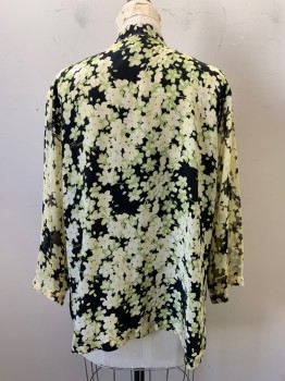 Womens, Blouse, CITRON, Black, Yellow, Lt Green, Silk, Floral, M, Sheer, Collar Band, Button Front, Long Sleeves