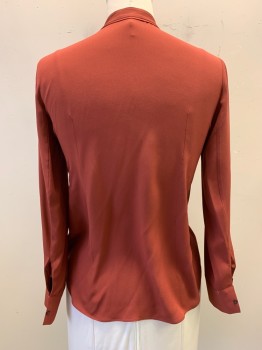 Womens, Blouse, A.L.C., Burnt Orange, Silk, Solid, 8, Pullover, Mandarin Collar, Neck Tie Attached, Key Hole, Long Sleeves