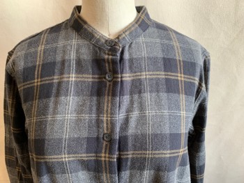 Womens, Dress, Long & 3/4 Sleeve, UNIQLO, Heather Gray, Black, Brown, White, Cotton, Plaid, XS, Flannel, Button Front, Band Collar, 2 Pockets, Long Sleeves, Button Cuff, Multiple