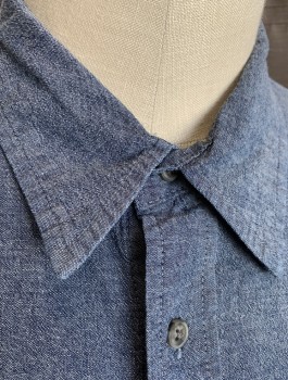 WRANGLER, Denim Blue, White, Cotton, Spandex, 2 Color Weave, Chambray, Short Sleeves, Button Front, 2 Patch Pockets with Flaps. **Has Shoulder Burn/Fading