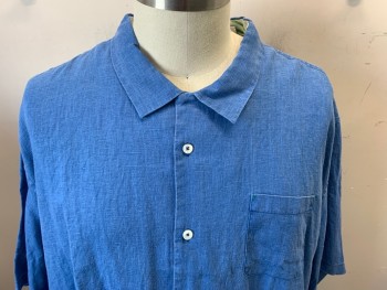 Mens, Casual Shirt, TOMMY BAHAMA, Blue, Linen, Solid, 4XL, Short Sleeves, Button Front, Collar Attached, 1 Pocket,