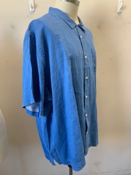 Mens, Casual Shirt, TOMMY BAHAMA, Blue, Linen, Solid, 4XL, Short Sleeves, Button Front, Collar Attached, 1 Pocket,