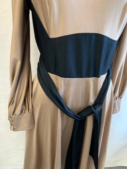 Womens, Dress, ALFRED WERBER, Tan Brown, Black, Synthetic, Color Blocking, W 28, B 34, H 40, V-N, L/S, Attached Half Tie Belt, Back Zip, Self Covered Buttons On Sleeves