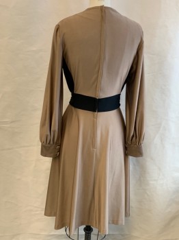 Womens, Dress, ALFRED WERBER, Tan Brown, Black, Synthetic, Color Blocking, W 28, B 34, H 40, V-N, L/S, Attached Half Tie Belt, Back Zip, Self Covered Buttons On Sleeves