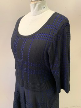 Womens, Dress, Long & 3/4 Sleeve, N/L, Black, Royal Blue, Rayon, Polyester, Dots, Grid , 22/24, Knit with Cutout Holes Revealing Royal Blue Dots, in Oversized Grid/Plaid Pattern, 3/4 Sleeves, Scoop Neck, Knee Length, Ribbed Detail at Waist, Plus Size