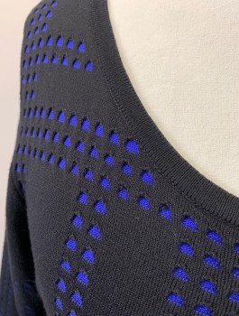 Womens, Dress, Long & 3/4 Sleeve, N/L, Black, Royal Blue, Rayon, Polyester, Dots, Grid , 22/24, Knit with Cutout Holes Revealing Royal Blue Dots, in Oversized Grid/Plaid Pattern, 3/4 Sleeves, Scoop Neck, Knee Length, Ribbed Detail at Waist, Plus Size