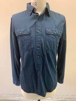 Mens, Casual Shirt, RALPH LAUREN, Navy Blue, Cotton, Solid, M, Long Sleeves, Button Front, 7 Buttons,  2 Patch Pockets with 2 Button Flaps, Button Cuffs, Small Tucks in Back Yolk