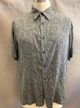 Mens, Casual Shirt, ALFANI, Gray, Charcoal Gray, Silk, Stripes - Vertical , Floral, XL, Short Sleeves, Collar Attached,