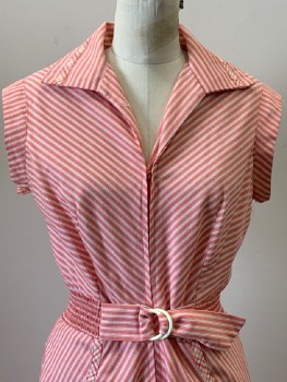 NO LABEL, Pink, White, Cotton, Stripes, Sleeveless, V Neck, C.A., Zip Front, Stretchy Waist With Belt, Top Pockets,