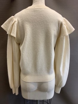 Womens, Pullover, ULLA JOHNSON, Cream, Wool, Solid, S, L/S, Flared Shoulder Flap, Crew Neck,