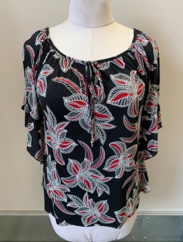 Womens, Top, ESPRESSO, Black, White, Cranberry Red, Polyester, Spandex, Leaves/Vines , M, S/S, Scoop Tie With String Ties, Gathered Neckline, Sleeve Flounce, Cotton Dot Trim On Leaf Print