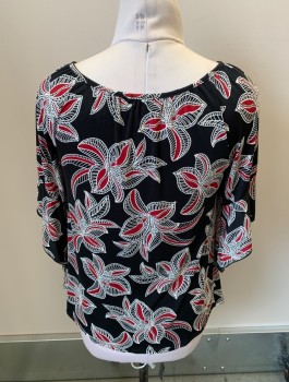 Womens, Top, ESPRESSO, Black, White, Cranberry Red, Polyester, Spandex, Leaves/Vines , M, S/S, Scoop Tie With String Ties, Gathered Neckline, Sleeve Flounce, Cotton Dot Trim On Leaf Print