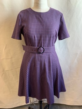 Womens, Dress, Short Sleeve, CLUB MONACO, Red Burgundy, Sky Blue, Lt Gray, Polyester, Viscose, Plaid, B42, 14, W36, Burgandy, Sky Blue, and Light Gray Plaid, Short Sleeves, Crew Neck, Zip Back, with Matching Belt and Black Circle Buckle