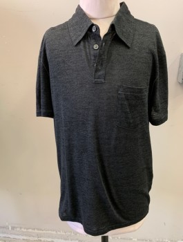 JOHN VARVATOS, Charcoal Gray, Poly/Cotton, Solid, Heathered, Collar Attached, 3 Buttons, 1 Pocket, Short Sleeves,