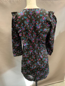 JUICY COUTURE, Black, Pink, Teal Blue, Gold, Silk, Floral, Dots, Tuxedo Front, CF Buttons, Side Zipper. Ruffles, at CF & CB.