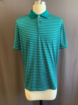 JACK NICKLAUS, Teal Blue, White, Pink, Polyester, Stripes - Horizontal , C.A., 1/2 Button Front, S/S, Small Yellow Bear Embroidred on Left Cuffs