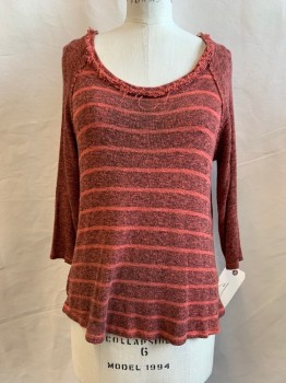 URBAN OUTFITTERS, Orange, Black, Rayon, Polyester, Heathered, Stripes - Vertical , Scoop Neck, Raw Neck Trim, Heather Orange & Black, Orange Stripes, 3/4 Sleeves