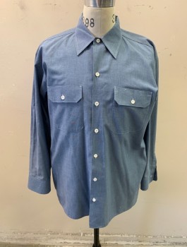 DICKIES, Cornflower Blue, Poly/Cotton, Oxford Weave, L/S, Button Front, 2 Chest Pockets with Flaps, White Top Stitch