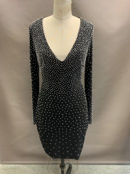 Womens, Cocktail Dress, XSCAPE, Black, Polyester, Spandex, B 38, 8, W 30, All Over Silver Beading, Deep V Plunge, L/S, Hem Below Knee