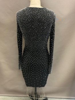 Womens, Cocktail Dress, XSCAPE, Black, Polyester, Spandex, B 38, 8, W 30, All Over Silver Beading, Deep V Plunge, L/S, Hem Below Knee