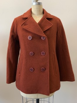 LL BEAN, Rust Orange, Wool, Solid, L/S, Double Breasted, Peaked Lapel, Side Pockets, Multiples