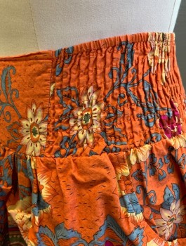 Womens, Skirt, Mini, HOT & DELICIOUS, Red-Orange, Magenta Pink, Slate Blue, Sage Green, Cotton, Floral, Abstract , M, Dropped Waist, Elastic Smocking At Sides And Back, Gathered, 2 Side Pockets