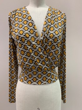 PRIVY, Mustard Yellow, White, Black, Polyester, Spandex, Circles, L/S, V Neck, Crossover, Pleated Shoulders