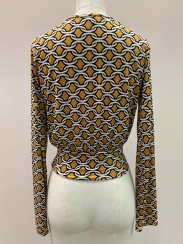 PRIVY, Mustard Yellow, White, Black, Polyester, Spandex, Circles, L/S, V Neck, Crossover, Pleated Shoulders