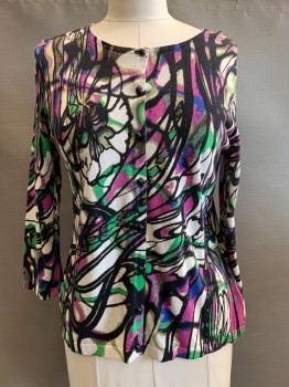 Womens, Sweater, Peter Nygard, Black, Off White, Black, Purple, Lime Green, Cotton, Rayon, Abstract , L, L/S, Round Neck, Button Front,