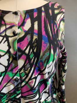Peter Nygard, Black, Off White, Black, Purple, Lime Green, Cotton, Rayon, Abstract , L/S, Round Neck, Button Front,