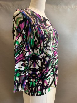 Peter Nygard, Black, Off White, Black, Purple, Lime Green, Cotton, Rayon, Abstract , L/S, Round Neck, Button Front,