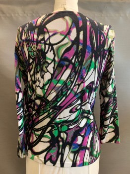 Womens, Cardigan Sweater, Peter Nygard, Black, Off White, Black, Purple, Lime Green, Cotton, Rayon, Abstract , L, L/S, Round Neck, Button Front,