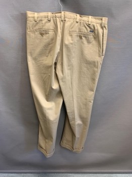 Mens, Casual Pants, IZOD, Khaki Brown, Cotton, 38/30, Side Pockets, Zip Front, Pleated Front, 2 Welt Pockets, *Small Stain On Back