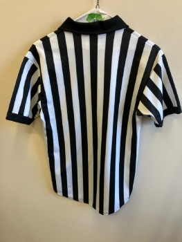 TEAMWORK, Black, White, Polyester, Stripes - Vertical , S/S, Solid Black Collar and Trim on Cuffs, Zip at Center Front Neck