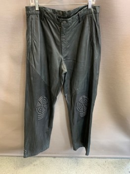 N/L, Black, Leather, Solid, Faded Black, F.F, Side Pockets And Back Pockets , Belt Loops With Rubber  Attached Detail On  Knees, Slightly Distress.