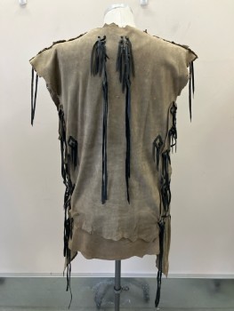 Mens, Historical Fiction Tunic, MTO, Dusty Brown, Suede, Solid, Adj., Ch:42, Pull On, Slvls, V-N, with Coarsely Cut 1/2 Double Layered Lapel, Adjustable, Black Leather Lacing At Shoulders And Side Seams with Decorative Dangling Ends, Hidden Velcro Closure Left Side, Fringe Detail CB, Claw Like Gashes CF Middle, MUTLIPLE, Gashes Don't  Match