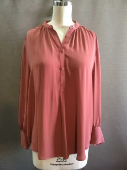 ANN TAYLOR, Burnt Orange, Polyester, Solid, Long Sleeves, Collarless, Button Front Placket, Button Cuffs