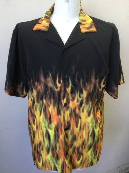BENNY'S , Black, Orange, Yellow, Brown, Polyester, Novelty Pattern, Black with Yellow, Orange, Brown, Lime Flame Collar Attached, Bottom Bodice, Button Front, Short Sleeves,