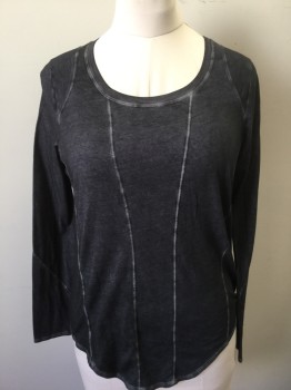 HELMUT LANG, Charcoal Gray, Gray, Cotton, Solid, Charcoal Uneven Dye Jersey, Vertically Paneled with Vertical Seams Throughout, Long Sleeves, Scoop Neck