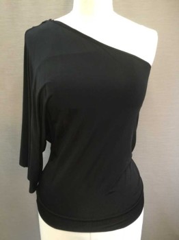 Womens, Top, GUESS, Black, Rayon, Spandex, Solid, M, One Shoulder, Dolman/Half Sleeve, 2" Wide Waistband At Hem