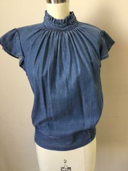Frame, Blue, Denim Blue, Cotton, Solid, Button Back Pullover, Band Collar with Ruffle, Gathere At Neck, Ruffle Sleeve, Waistband Smocked At Sides