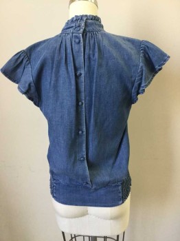 Frame, Blue, Denim Blue, Cotton, Solid, Button Back Pullover, Band Collar with Ruffle, Gathere At Neck, Ruffle Sleeve, Waistband Smocked At Sides