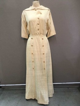 N/L, Yellow, Brown, Silk, Solid, Pale Yellow, brown Spider Web Embroidery On 15 Cover Buttons Front, Collar Attached, 3/4 Sleeves, Hook & Eye Closures Skirt & Back, Floor Length Skirt (brown Stained Spots On Right Sleeve),