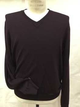 Mens, Pullover Sweater, BLOOMINGDALE, Plum Purple, Wool, Solid, L, V-neck, Long Sleeves,