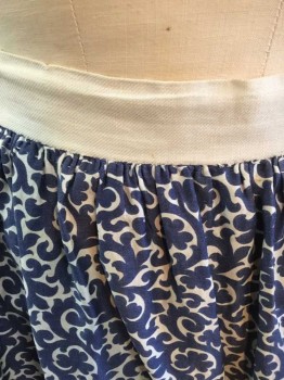 N/L, Navy Blue, White, Cotton, Leaves/Vines , 1" Wide Solid White Twill Waistband, Waist Is Finely Gathered, Back Of Waist Is Cartridge Pleated, Hook & Bar Closure At Center Back Waist, Self Fabric Ruffle At Hem,  * Has Some Rust Colored Stains, Just Below Knee Level,